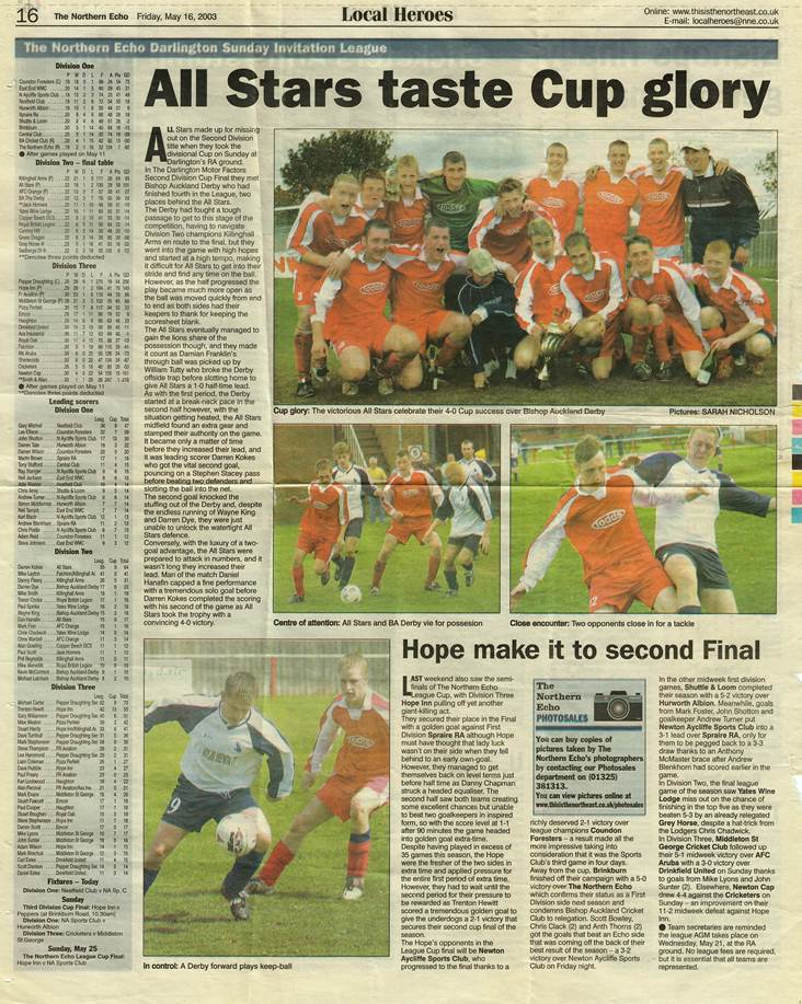 Darlington All Stars youth football team photo from 2003 in Todds-sponsored strips
